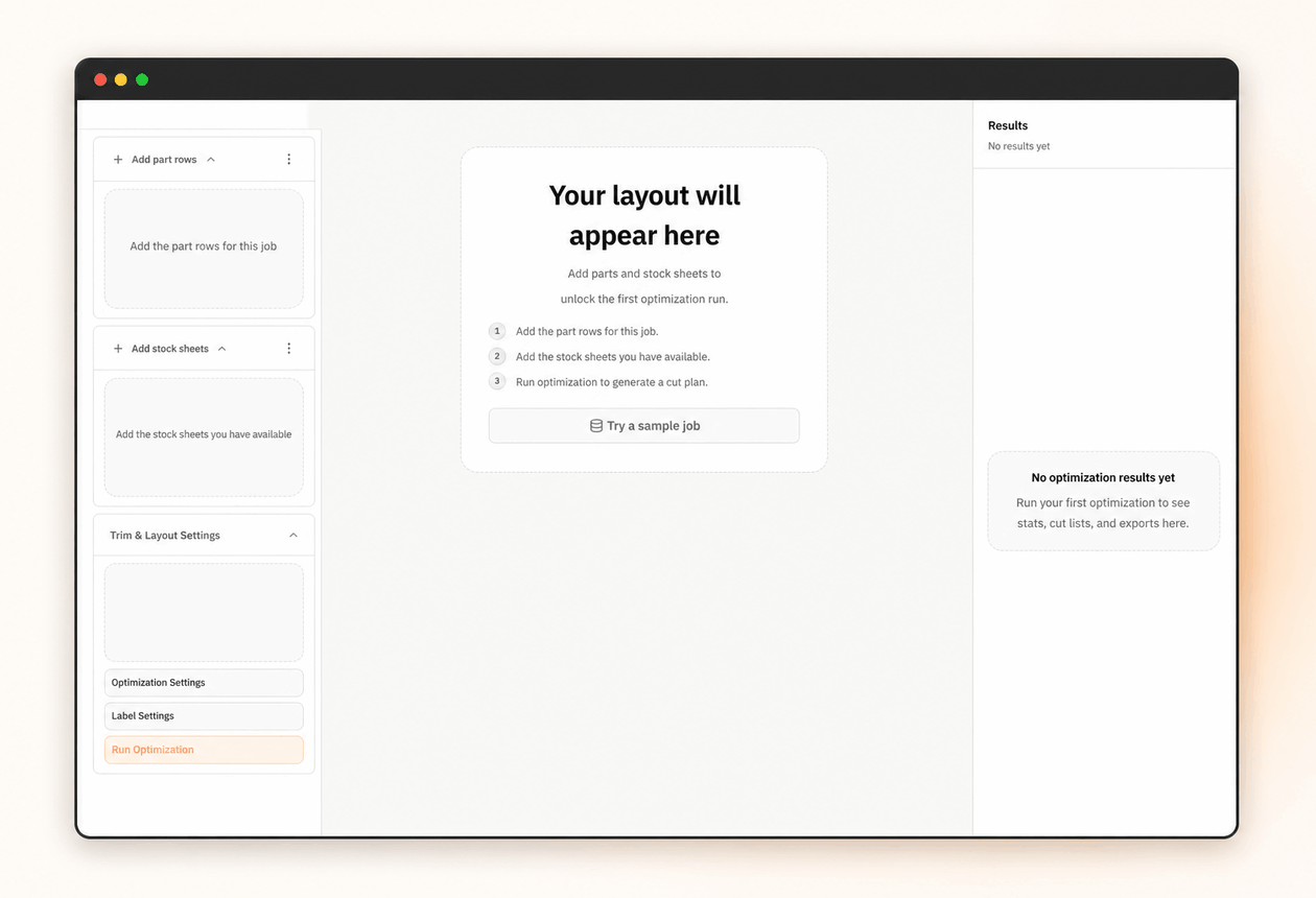 Software gratuito de listas de corte CutOps abierto en el navegador y listo para añadir piezas y material.
