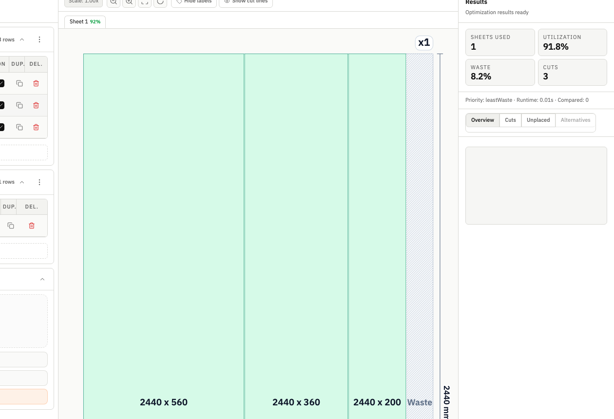 Orientation-aware panel cutting workflow in CutOps for grain direction and strategy review.