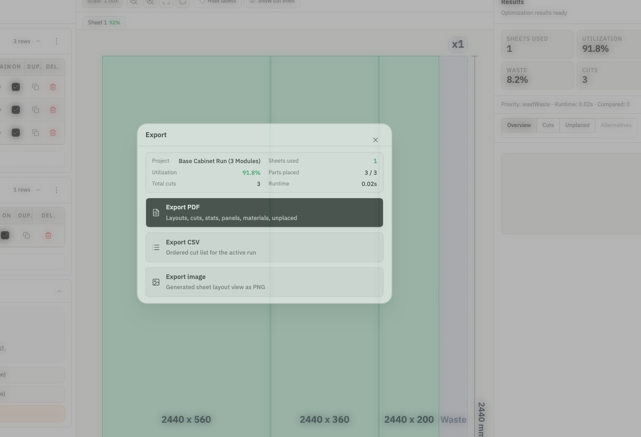Optimization strategy review with export-ready layout outputs in CutOps.