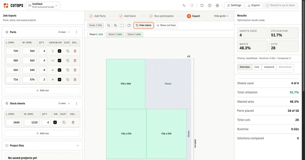 Cabinet job optimization in CutOps showing panel layouts for sides, shelves, and door components.