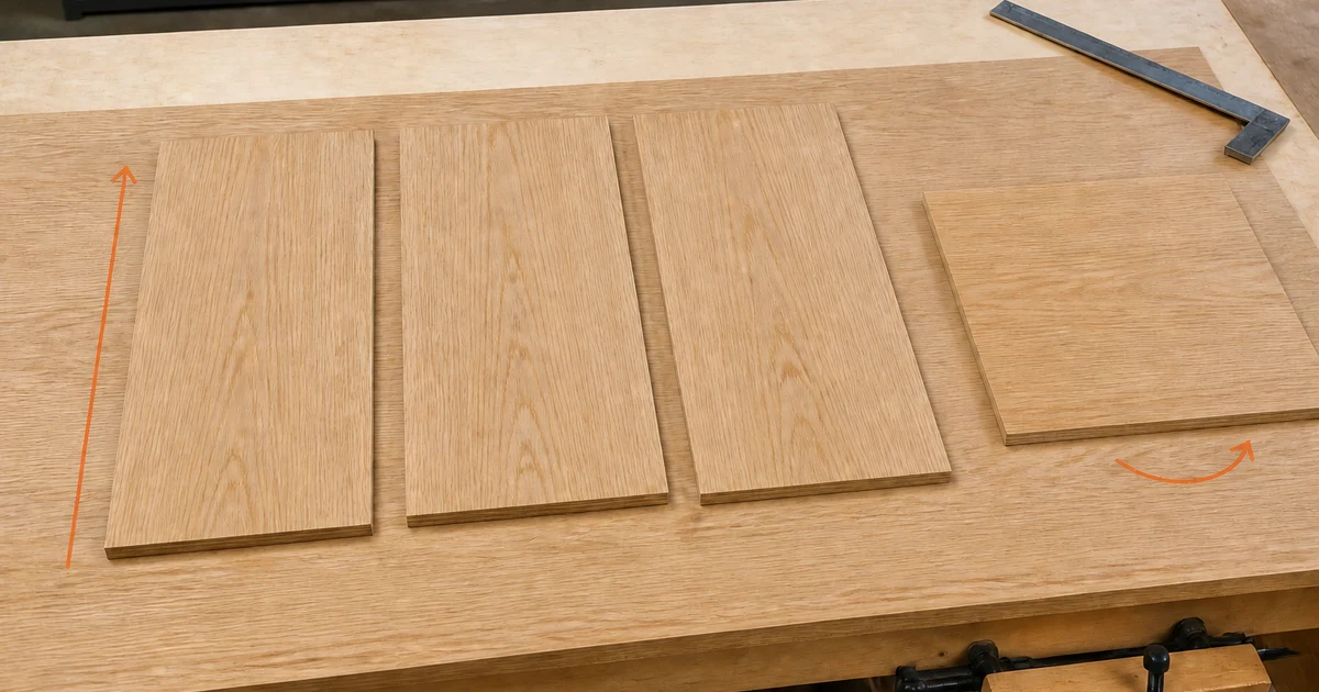 Paneles de chapa de madera que comparan una veta alineada con un panel girado.