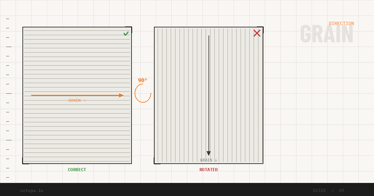 Orientation-aware panel cutting workflow in CutOps for grain direction and strategy review.