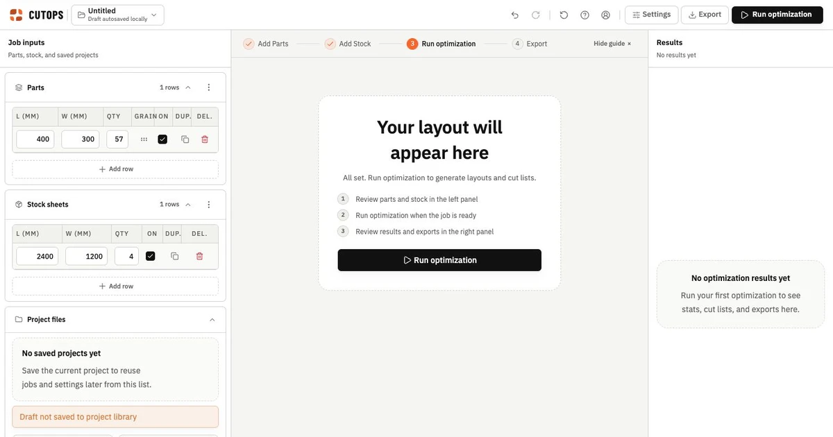CutOps workspace showing part and stock inputs ready for cut list optimization.