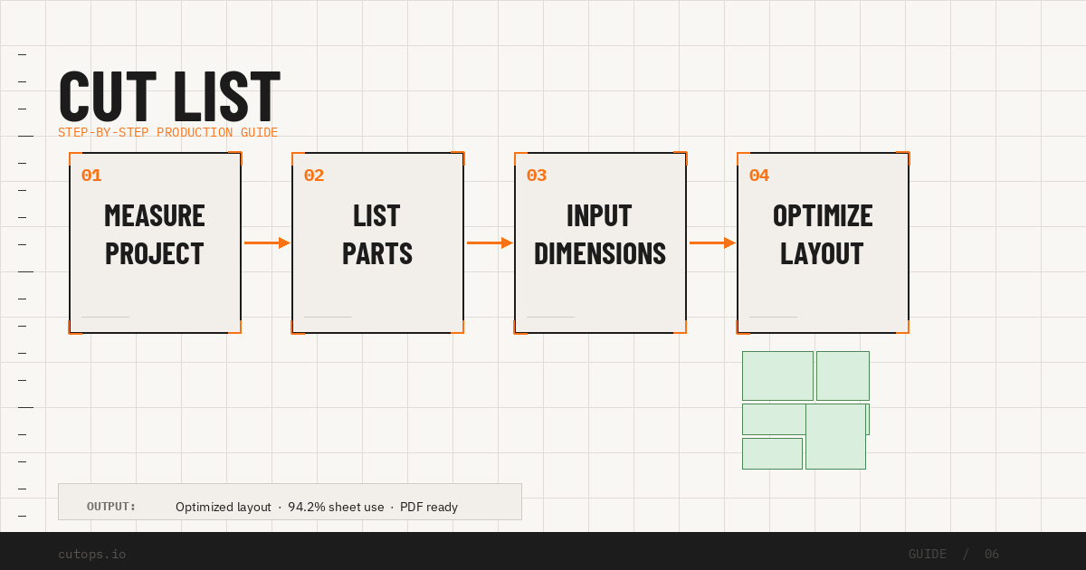 CutOps workspace showing a complete cut list with parts, stock, and optimized panel layouts.