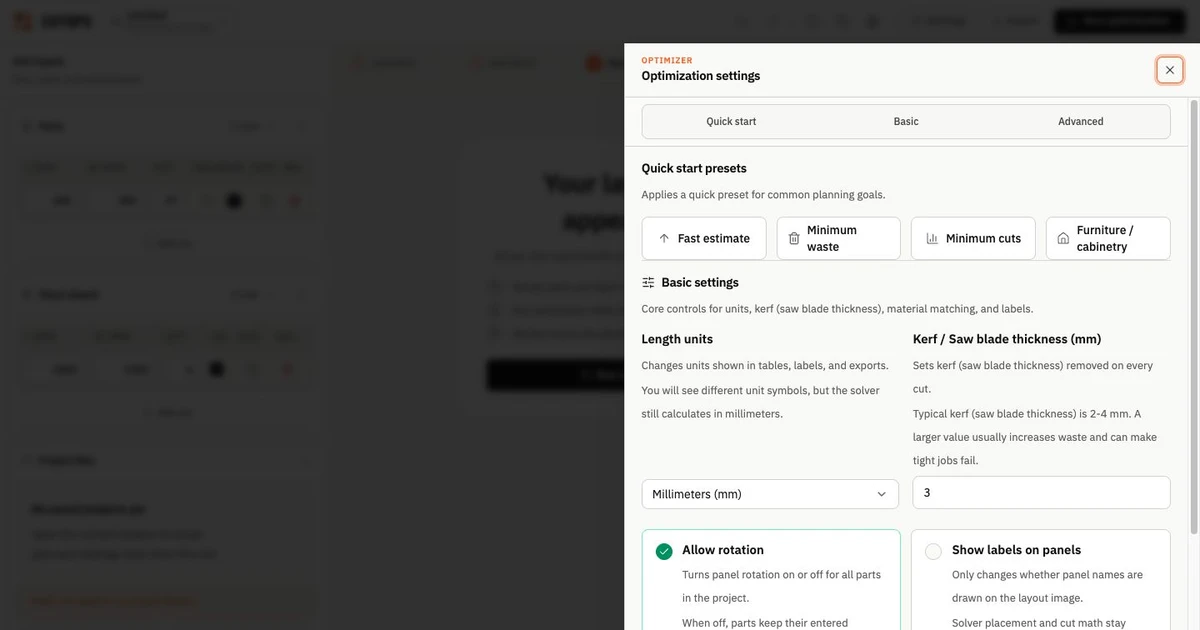 CutOps optimization settings showing a 3 mm kerf value beside a panel layout.