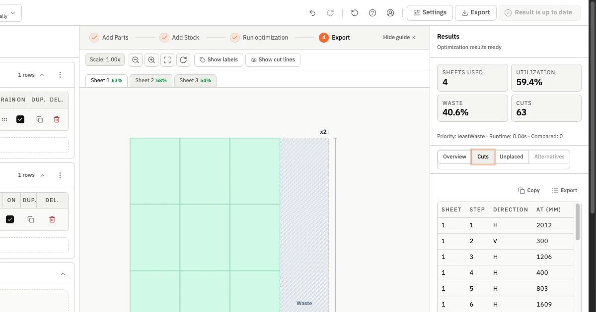 CutOps panel layout with utilization metrics and the ordered production cut sequence.